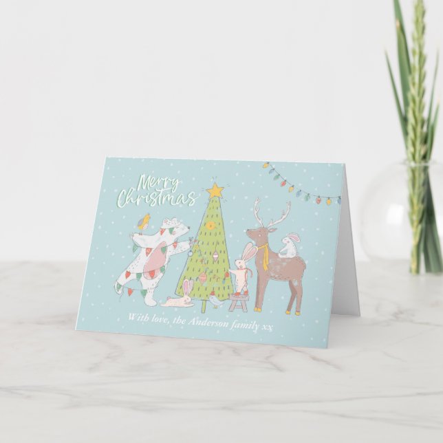 Carte de Noël Animaux décorant un arbre (Devant)