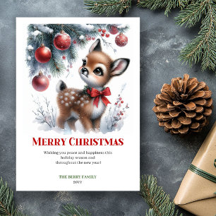 Carte de Noël aquarelle bébé cerf forêt enneigée é