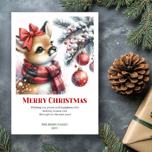 Carte de Noël aquarelle bébé cerf forêt enneigée é