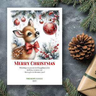 Carte de Noël aquarelle charmante avec bébé faon