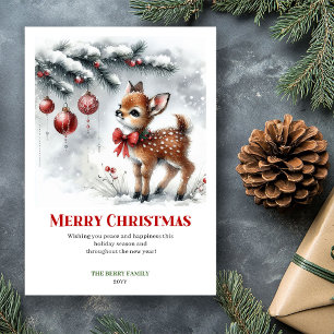 Carte de Noël aquarelle cosy Cerf gracieux enneigé
