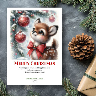 Carte de Noël aquarelle de faon de forêt enneigée
