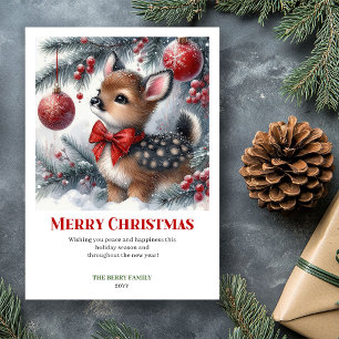 Carte de Noël aquarelle de faon de forêt enneigée