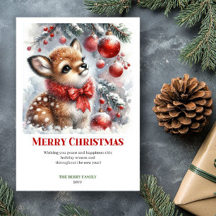 Carte de Noël aquarelle fantaisiste bébé cerf forê