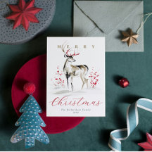 Carte de Noël aquarelle rustique cerf & baies roug