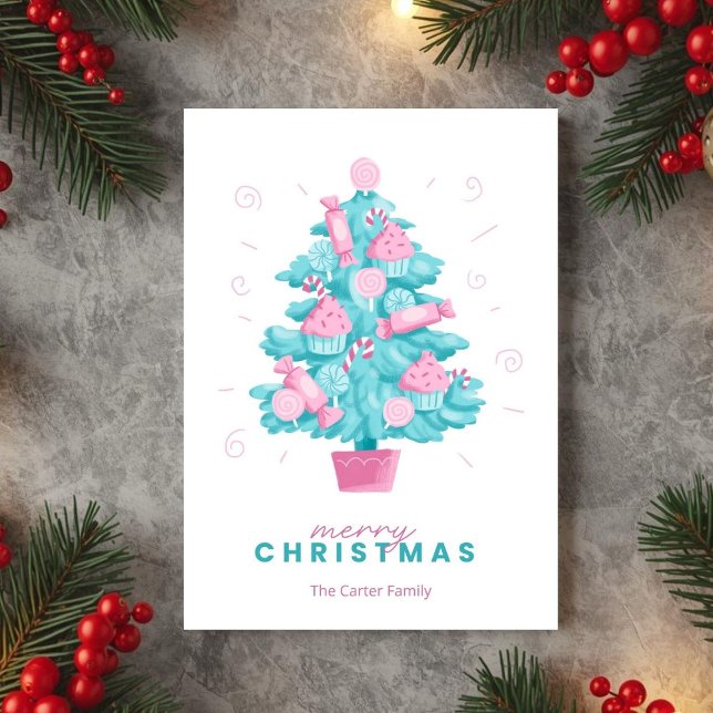 Carte de Noël Arbre à Bonbons Turquoise Mignonne (Créateur téléchargé)