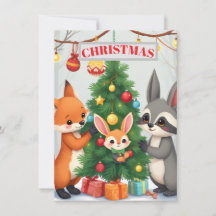 Carte de Noël Arbre Animaux de la Forêt Mignons