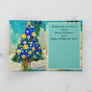 Carte de Noël Arbres bleu et or Klimt stylisé