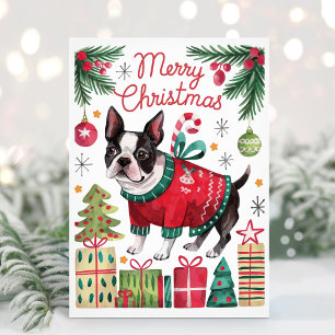Carte de Noël au aquarelle pour Boston Terrier