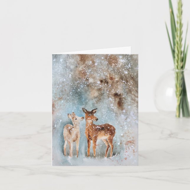 Carte de Noël au cerf à l'aquarelle (Devant)