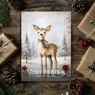 Carte de Noël au cerf aquarelle rouge et blanc imp