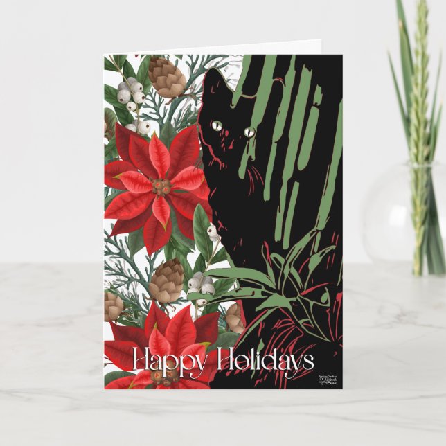 Carte de Noël au chat noir et au poinsettia  (Devant)