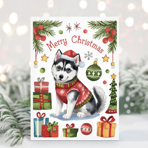Carte de Noël au chien de Sibérie aquarelle