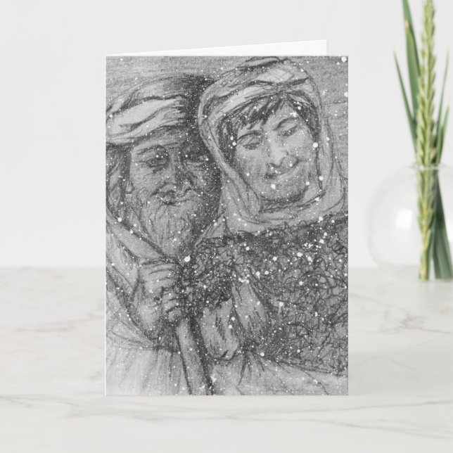 Carte de Noël au fusain représentant des bergers (Devant)