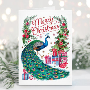 Carte de Noël au paon aquarelle Joyeux Noël