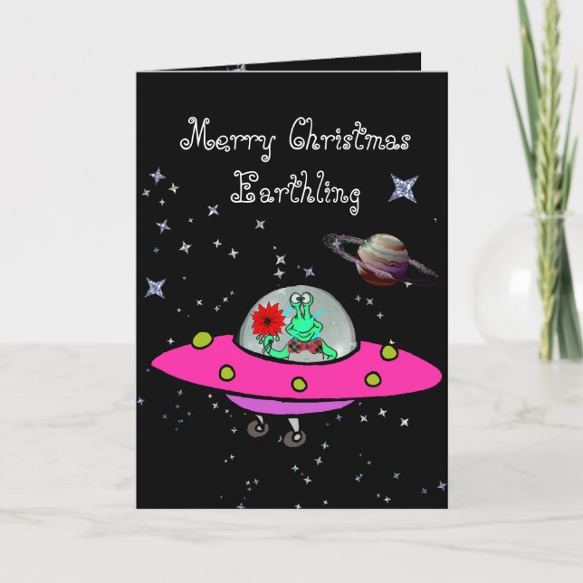 Carte de Noël avec Alien dans un vaisseau spatial  (Devant)