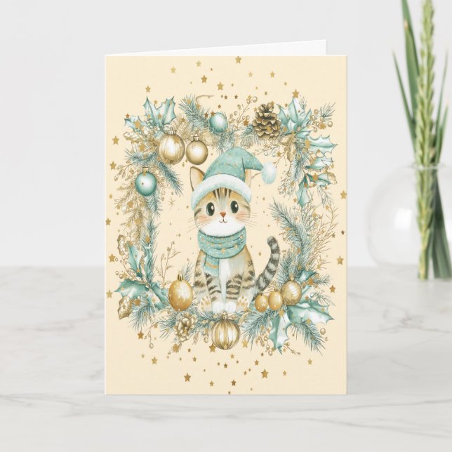 Carte de Noël avec Chat et Mint de Wreath et Or (Devant)