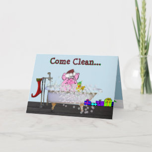 Carte de Noël avec cochon dans un bain de bulle