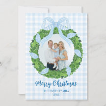 Carte de Noël avec couronne au ruban bleu