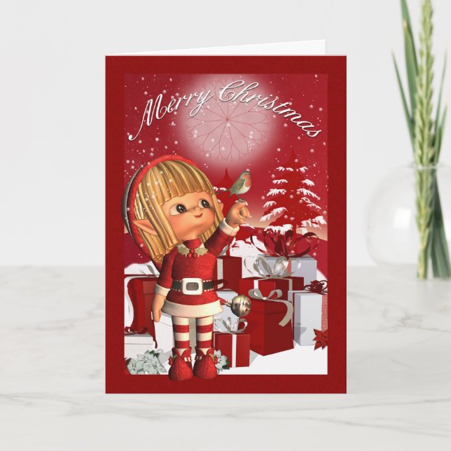 Carte de Noël avec Elf et Robin mignons (Devant)