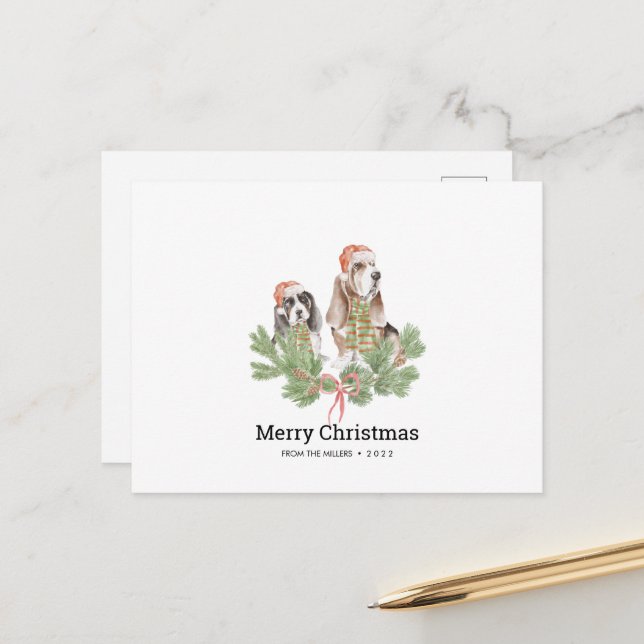 Carte de Noël avec la famille de chiens Basset Hou (Devant/Arrière en situation)