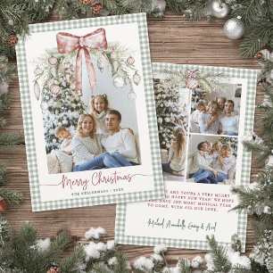 Carte de Noël avec photo en vichy vert et aquarell