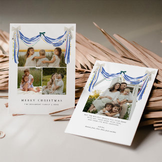 Carte de Noël avec photo et nœud de ruban bleu