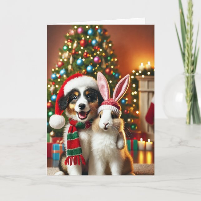Carte de Noël avec un chien et un lapin (Devant)