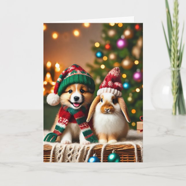 Carte de Noël avec un chien et un lapin (Devant)