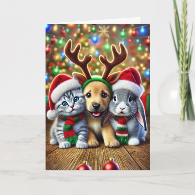Carte de Noël avec un chien, un chat et un lapin (Devant)