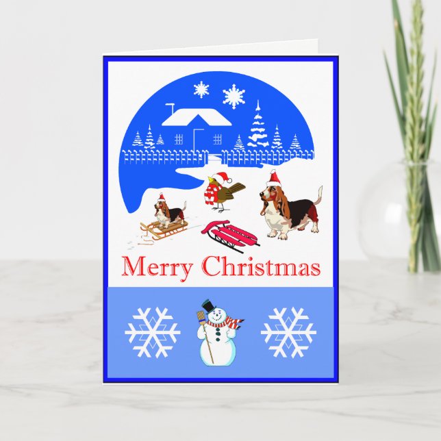 Carte De Noël Basset Et Oiseau Neige (Devant)