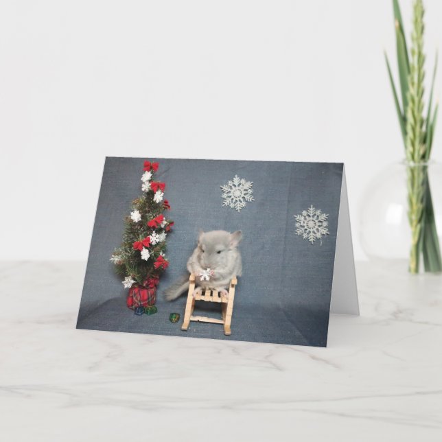 Carte de Noël bébé chinchilla tenant un flocon de  (Devant)