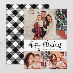 Carte de Noël Black White Plaid 3 Photo Collage