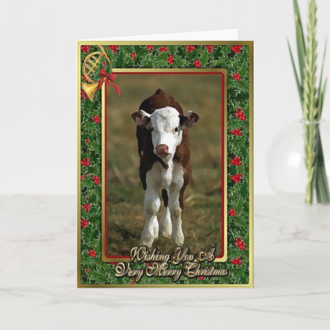 Carte de Noël blanche de vache de veau Hereford (Devant)