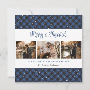 Carte de Noël bleu plaid Merry et Marié