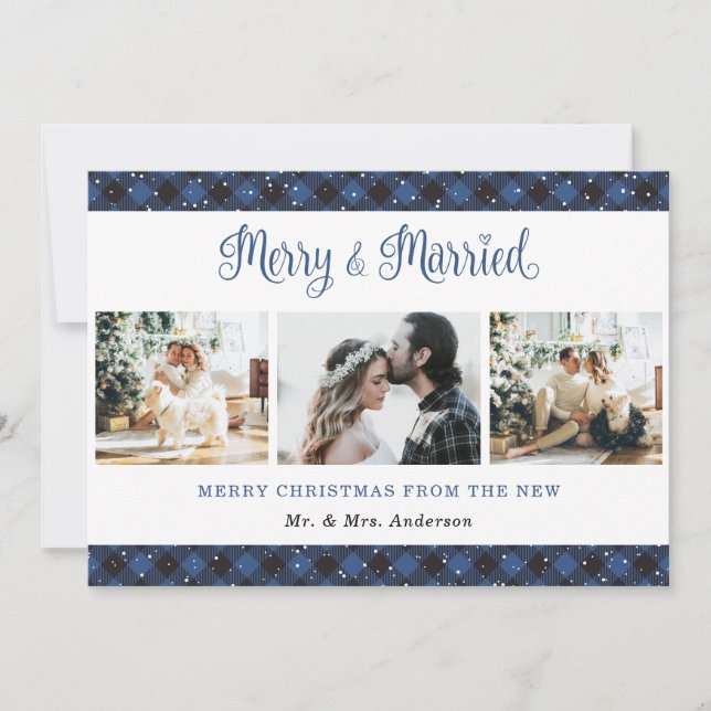 Carte de Noël bleu plaid Merry et Marié (Devant)