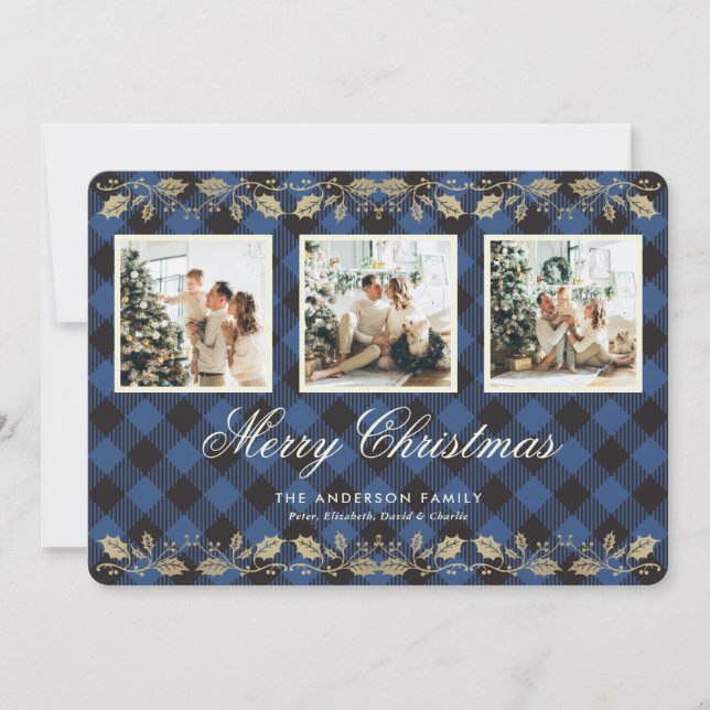 Carte de Noël Blue Plaid Gold Holly 3 Photo Joyeux (Devant)