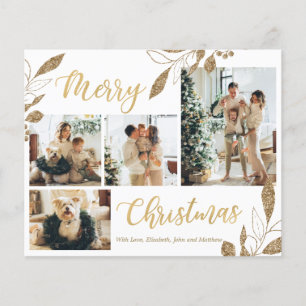Carte de Noël Budget White and Gold Photo Collage