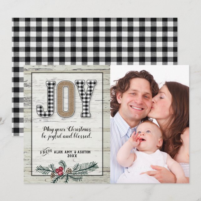 Carte de Noël Buffalo Plaid Joy Farmhouse (Devant / Derrière)