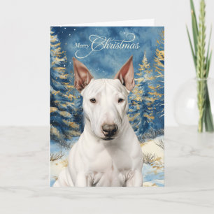 Carte de Noël Bull Terrier en forêt boisée