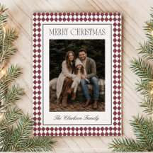 Carte de Noël Burgundy Harlequin avec une photo