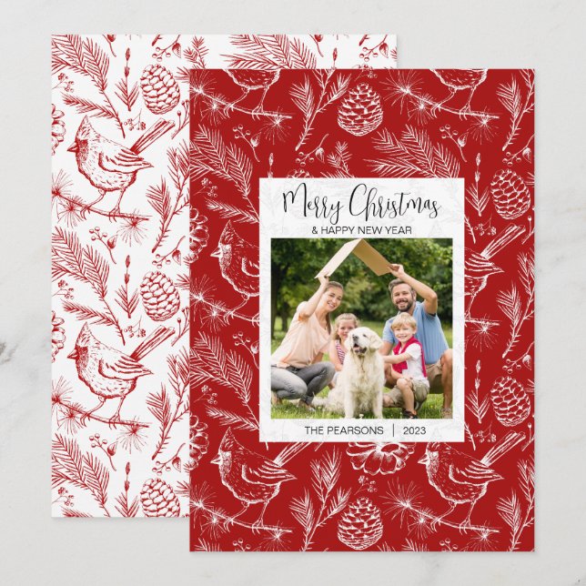 Carte de Noël Cardinal Photo Famille Personnalisée (Devant / Derrière)
