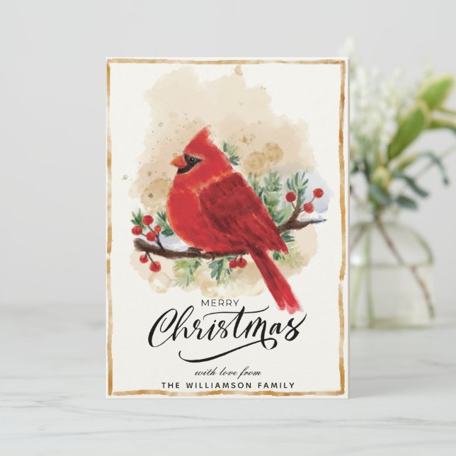 Carte de Noël cardinale aquarelle personnalisée (Debout devant)