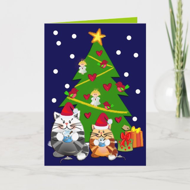 Carte de Noël Cartoon mignonne avec arbre et chats (Devant)