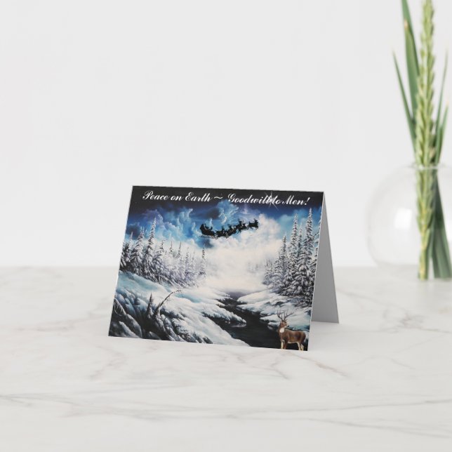 Carte de Noël, cerfs communs et vol du père noël (Devant)