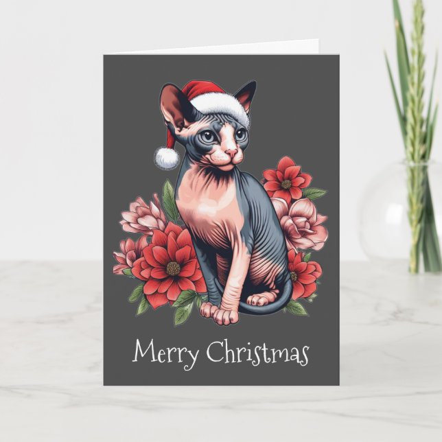 Carte de Noël | Chat Sphynx portant un chapeau de  (Devant)