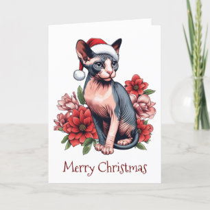 Carte de Noël Chat Sphynx portant un chapeau de