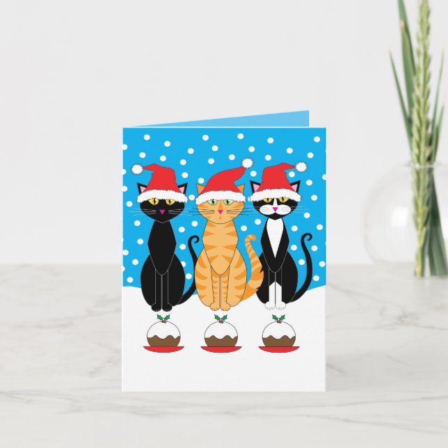 Carte de Noël : Chats de Noël en casquette rouge (Devant)