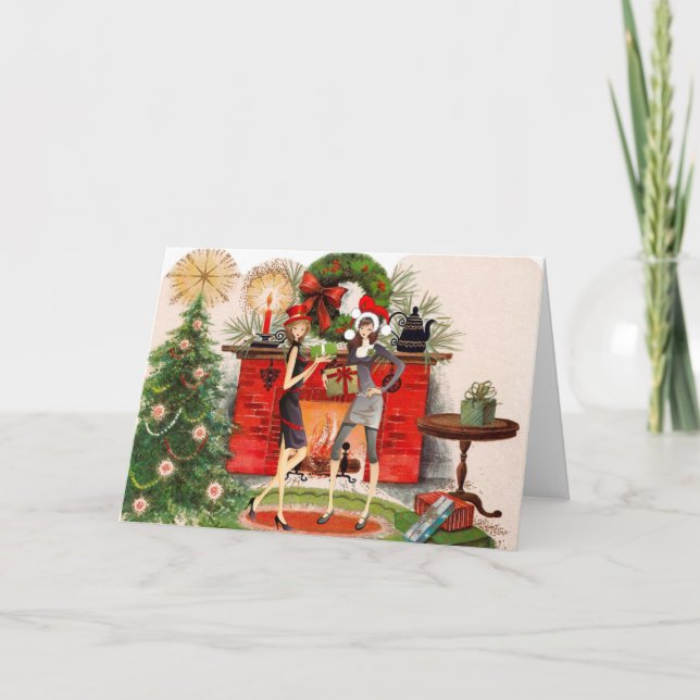 Carte de Noël cheminée avec deux femmes (Devant)