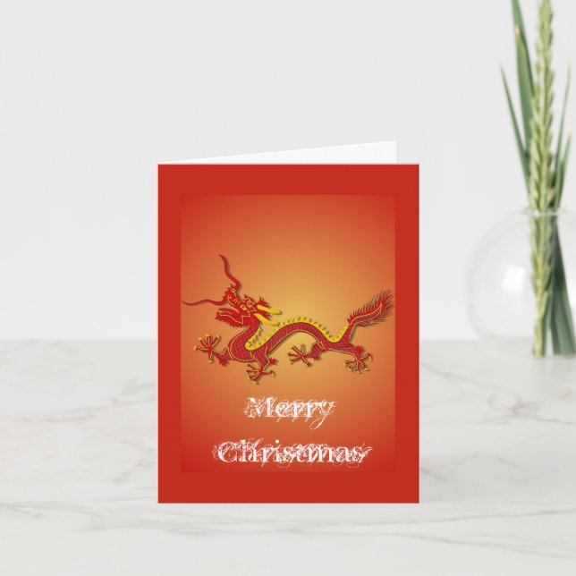 Carte de Noël Chinoise Rouge Et Dragon Or (Devant)